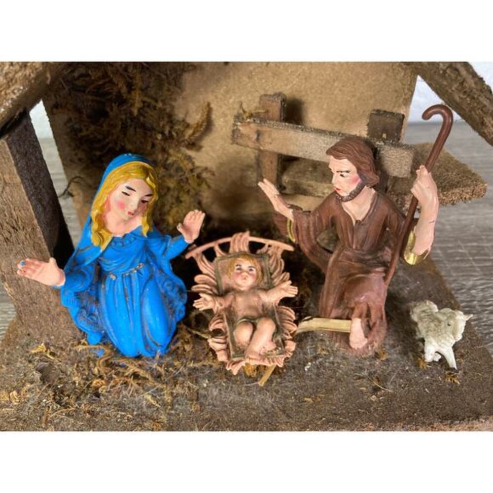 Vintage 1970s Wooden Nativity Crèche Set Rustic‎ Manger Handmade Christmas Scene